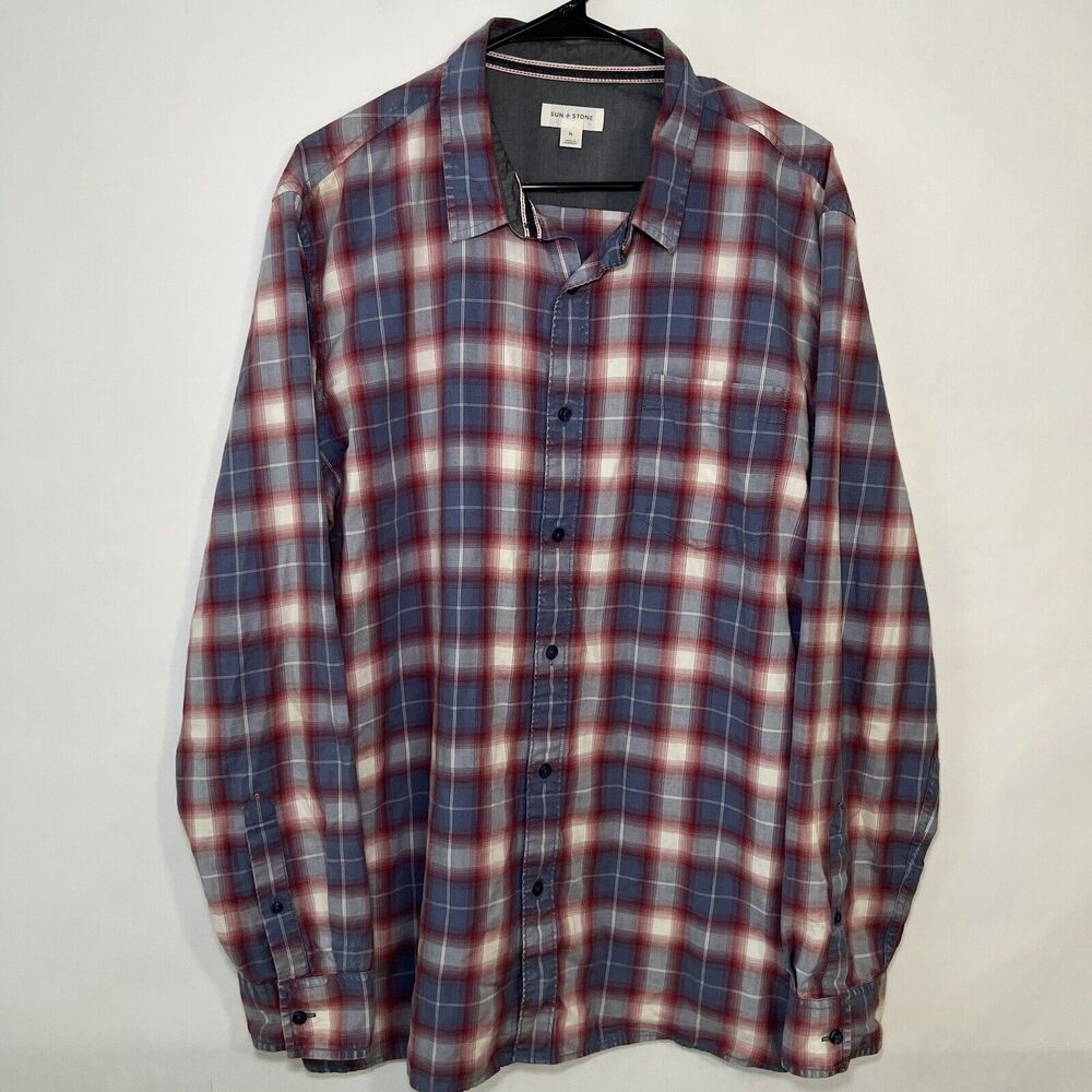 Sun + Stone Button Up Shirt Mens Size XL Blue Red Plaid Long Sleeve Soft Cotton